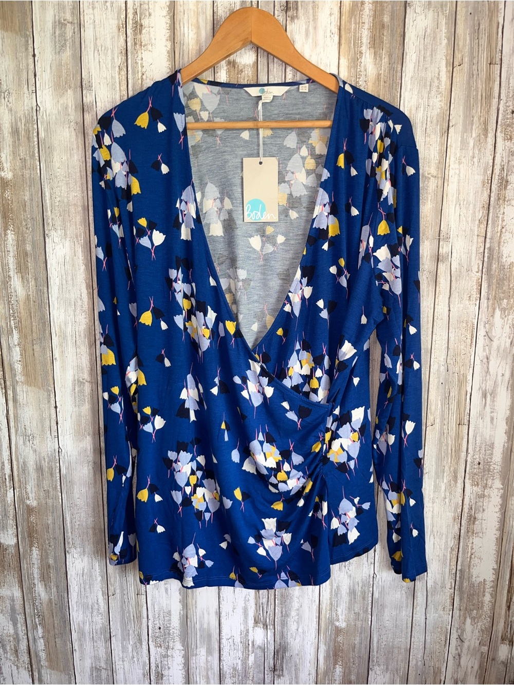 Boden Blue Floral Wrap Front Long Sleeve Top Blouse Size 16 - Picture 3 of 6